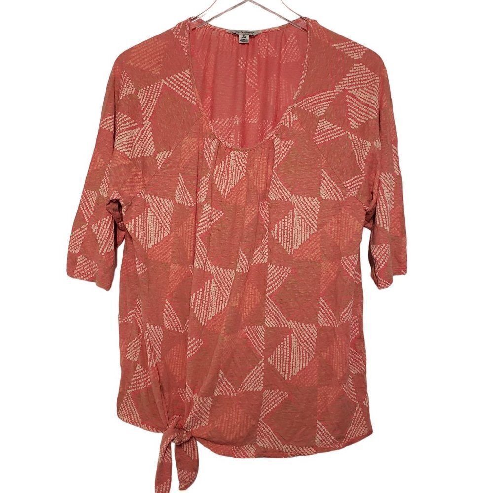 Lucky Brand Boho Printed Blouse Tie Front Peach Orange Womens 2X